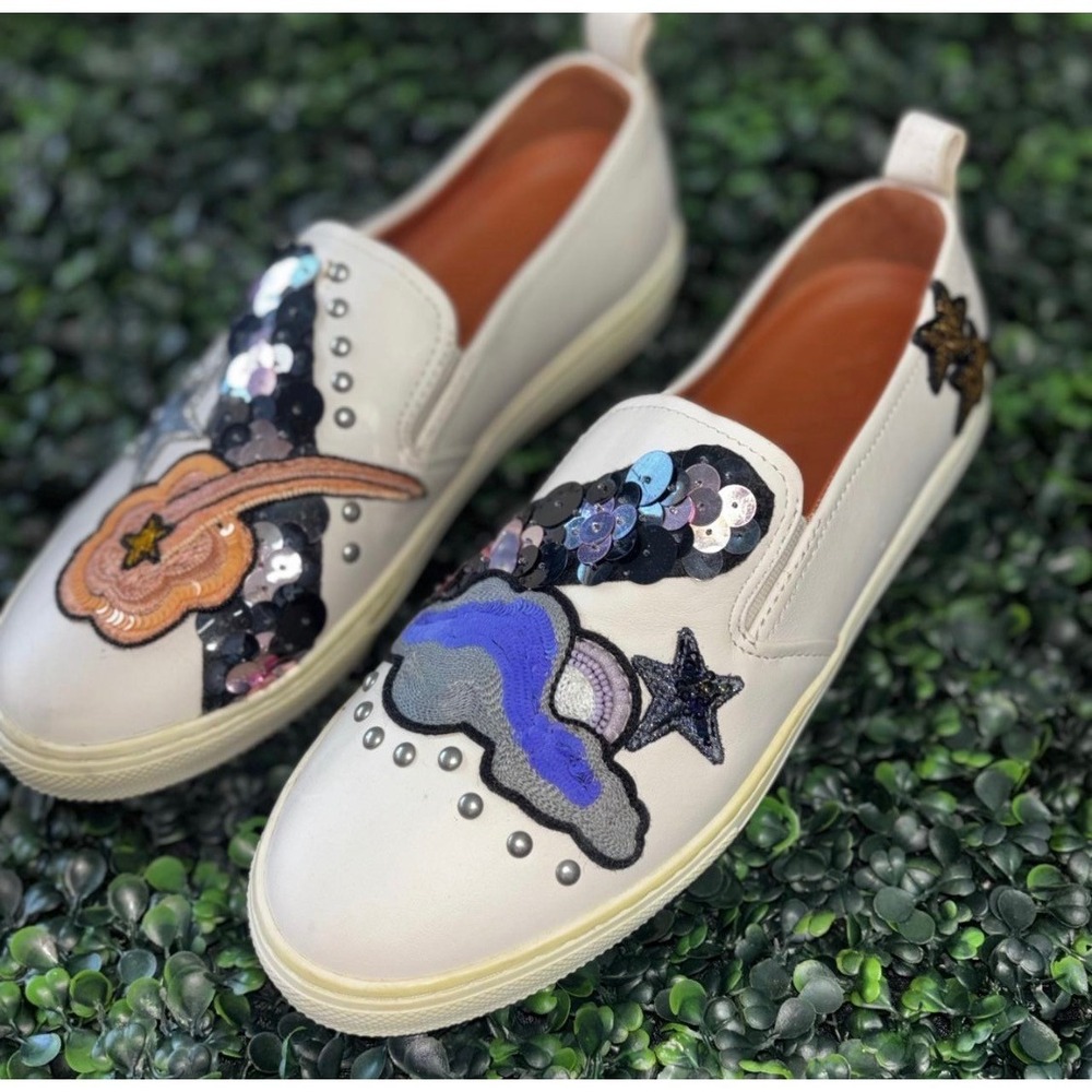 Coach Womens White Leather Celestial Star Sequin Slip On Sneaker G1925 Size 10B